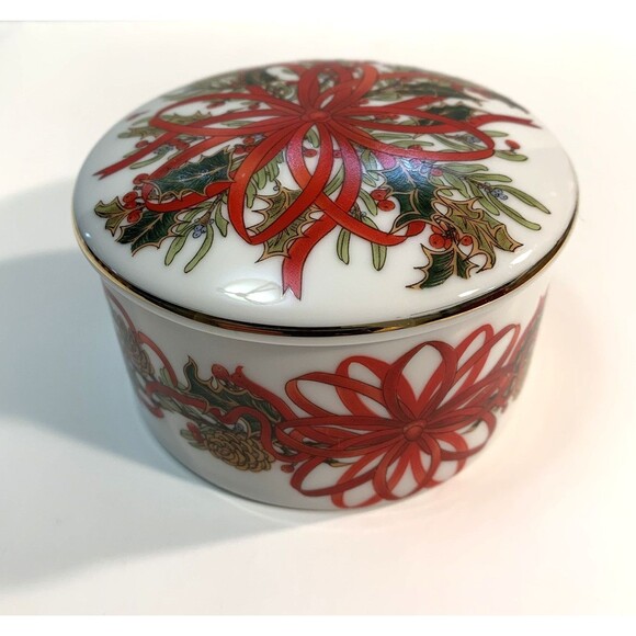 Andrea By Sadek Trinket Dish Lid Christmas Garland Gold Trim Japan 1994 - Picture 3 of 12